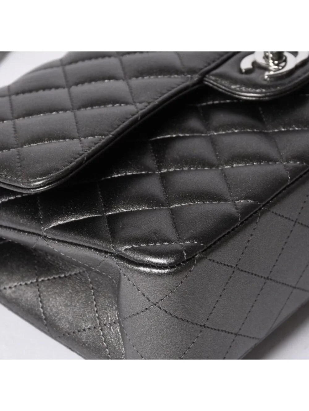 Chanel Quilted 25 Double Flap Chain Shoulder Bag Shine Gray Lambskin Silver